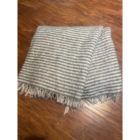 POTTERY BARN Cozy Fuzzy Ticking Stripe Throw Blanket w Fringe Gray Cream 52 x 52 - Picture 3 of 4